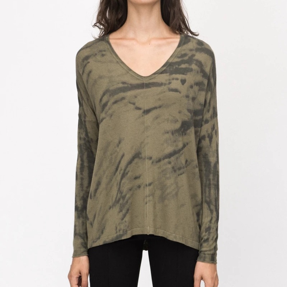 Kokun Boxy V Neck Army Thunder Print Green Tie Dye